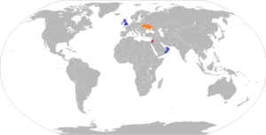 Map of Challenger 1 operators in blue with former operators in red