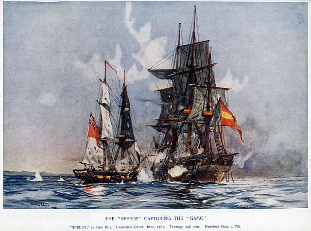 The action and capture by Speedy of the Spanish xebeque frigate El Gamo, by Charles Edward Dixon