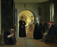 A Woman's Solemn Churching after Childbirth (Christen Dalsgaard, 1860). Depicted is a Church of Denmark (Lutheran) ceremony. Christen Dalsgaard - A Woman's Solemn Churching after Childbirth - KMS820 - Statens Museum for Kunst.jpg