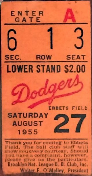"A ticket from an August 1955 game between the Brooklyn Dodgers and the Cincinnati Reds at Ebbets Field."