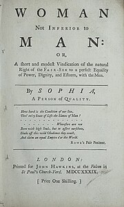 The cover of a paperback book, reading "Woman Not Inferior to Man" and a lengthy subtitle and description of the book