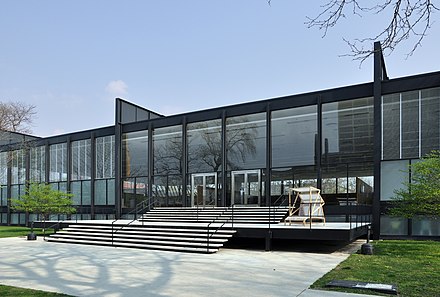 S. R. Crown Hall in Chicago is listed under criteria B and C for its association with architect Ludwig Mies van der Rohe and its modernist design.