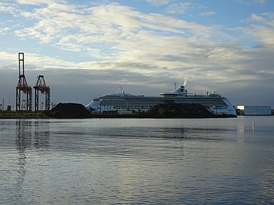 The cruise ship Serenade of the Seas arriving at the Port of Ponce during dawn in early 2020