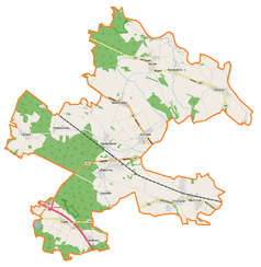 Mapa konturowa gminy Dąbrowa, u góry nieco na prawo znajduje się punkt z opisem „Niewodniki”
