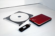 From left to right, a DVD disc in plastic cover, a USB flash drive and an external hard drive DVD, USB flash drive and external hard drive.jpg