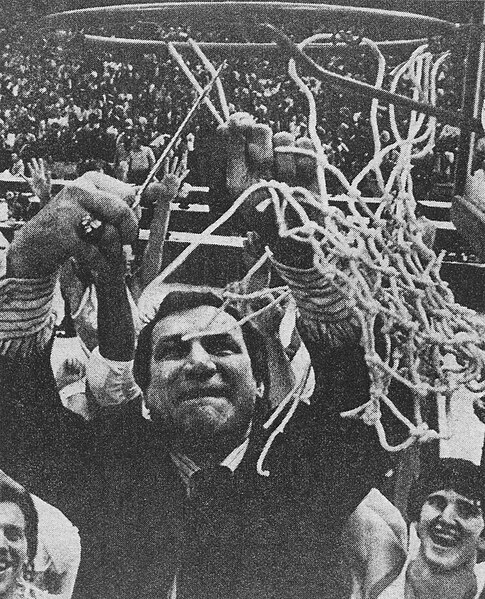 Smith cutting down the nets after winning the 1982 NCAA championship