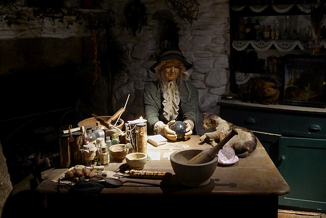 Diorama of a cunning woman or wise woman in the Museum of Witchcraft and Magic