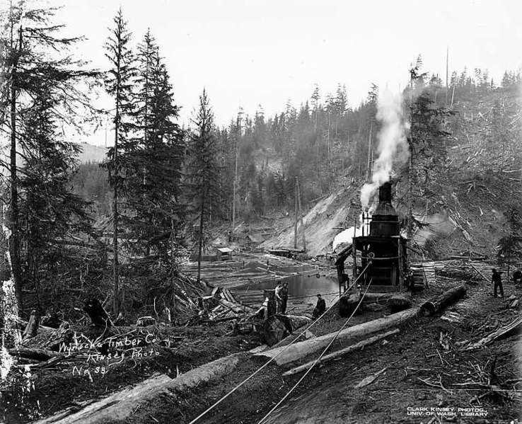 File:Donkey engine beside log holding pond, with logging camp 3 in distance, Wynooche Timber Company, near Montesano, ca 1921 (KINSEY 1614).jpeg