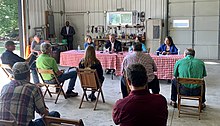 Tom Vilsack, Amy Klobuchar and Angie Craig with farmers at a meeting on drought relief, August 2021 Drought assistance event, August 2021, Tom Vilsack, Amy Klobuchar, Angie Craig.jpg