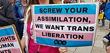 Transgender protest sign in Dublin reads: "Screw your assimilation, we want trans liberation." 2018 Dublin Trans Pride 2018 9.jpg