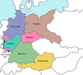 Franklino D. Ruzvelto pasiūlytas padalijimo planas: ██ Hanoveris ██ Prūsija ██ Hesenas ██ Saksonija ██ Bavarija ██ Tarptautinė zona (du eksklavai) ██ Sąjungininkų administruojama Austrija