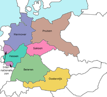 Plan de partición de Franklin D. Roosevelt:      Hanover      Prussia      Hesse      Saxonia      Bavaria      Zona internacional (dos enclaves)      Ocupación aliada d'Austria