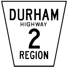 Variant Durham regional road marker for regional highways, a special class of the regional road system of Durham Region. This marker is of Durham Regional Highway 2.