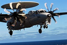 E-2C in landing configuration; upgraded; aircraft has been upgraded to have 8 propellers.