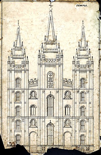 Original 1854 design of the East side showing the horizontal angel, Sun faces, earth details, and compass and square window details. These elements were later modified or removed.