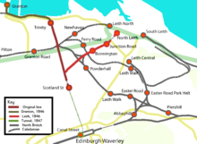 Location of Waverley and (former) lines emanating from the station Edinburgh,-Leith-and-Newhav.png