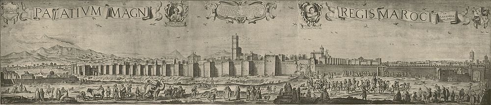 An illustration of Marrakesh and its Kasbah (citadel and palaces), seen from the east, by Adriaen Matham, 1640. Among other features, the image shows a tall tower that once stood in the Saadian palaces, which later disappeared and whose origin has been debated among scholars.[8]
