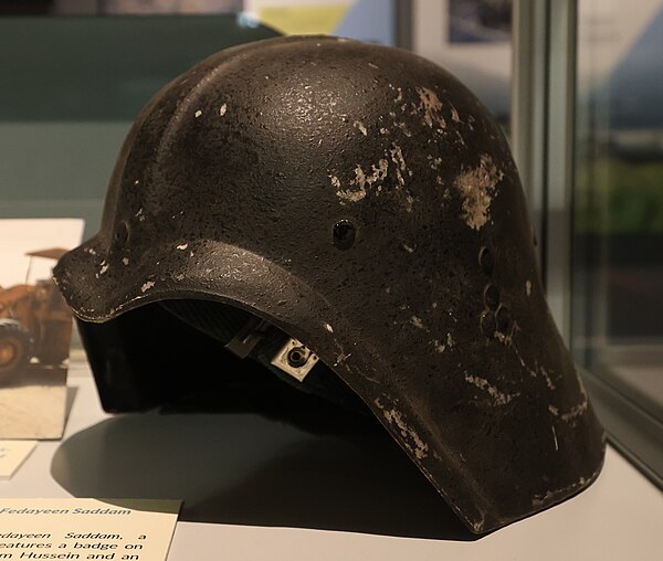 A Fedayeen Saddam helmet, displayed at the Army Flying Museum, United Kingdom.