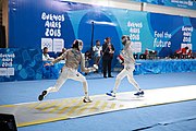 Deutsch: Fechten bei den Olympischen Jugend-Sommerspielen 2018: Tag 1, 7. Oktober 2018, Jungen, Säbel, Viertelfinale - Krisztián Rabb (HUN) - Antonio Heathcock (GER) 15:11 English: Fencing at the 2018 Summer Youth Olympics at 7 October 2018 – Boys' sabre Quarterfinals – Krisztián Rabb (HUN) Vs Antonio Heathcock (GER) 15:11