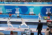 Deutsch: Fechten bei den Olympischen Jugend-Sommerspielen 2018: Tag 1, 7. Oktober 2018, Jungen, Säbel, Runde der letzten 16 - Amirhossein Shaker (IRI) - Hibiki Kato (JPN) 9:15 English: Fencing at the 2018 Summer Youth Olympics at 7 October 2018 – Boys' sabre Round of 16 – Amirhossein Shaker (IRI) Vs Hibiki Kato (JPN) 9:15