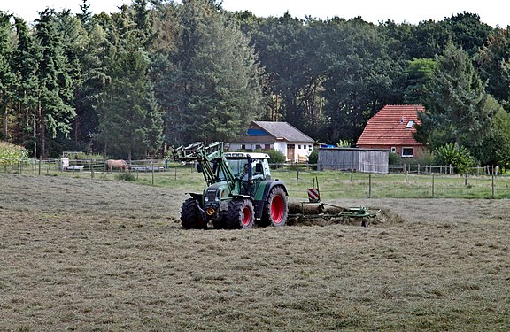 Fendt 412 Vario during haymaking in Sandkrug, Germany.