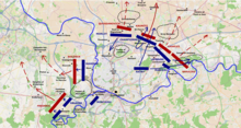 The battle of Fleurus, 1-5pm. Coburg orders a general withdrawal between 4 and 5 pm. On the left, Duhesme's, Daurier's and Poncet's units push the Prince of Orange's wing back, and he withdraws even before Coburg's order. On the right, Lefebvre holds firm against Charles and Beaulieu, together with units rallied by Marceau, then launches a successful late counterattack against Beaulieu's rearguard as Charles and Beaulieu withdraw. Championnet, initially withdrawing under the mistaken impression that Lefebvre was defeated, counterattacks with reinforcements from Hatry and breaks Kaunitz's column. Morlot withdraws to Gosselies, and Quosdanovich receives Coburg's order before he can pursue. Fleurus1-5pm.png