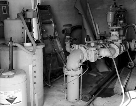Fluoride monitor (at left) in a community water tower pumphouse, Minnesota, 1987