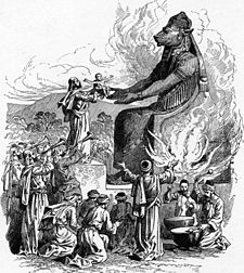 Offering to Molech (illustration from the 1897 Bible Pictures and What They Teach Us by Charles Foster) Foster Bible Pictures 0074-1 Offering to Molech.jpg