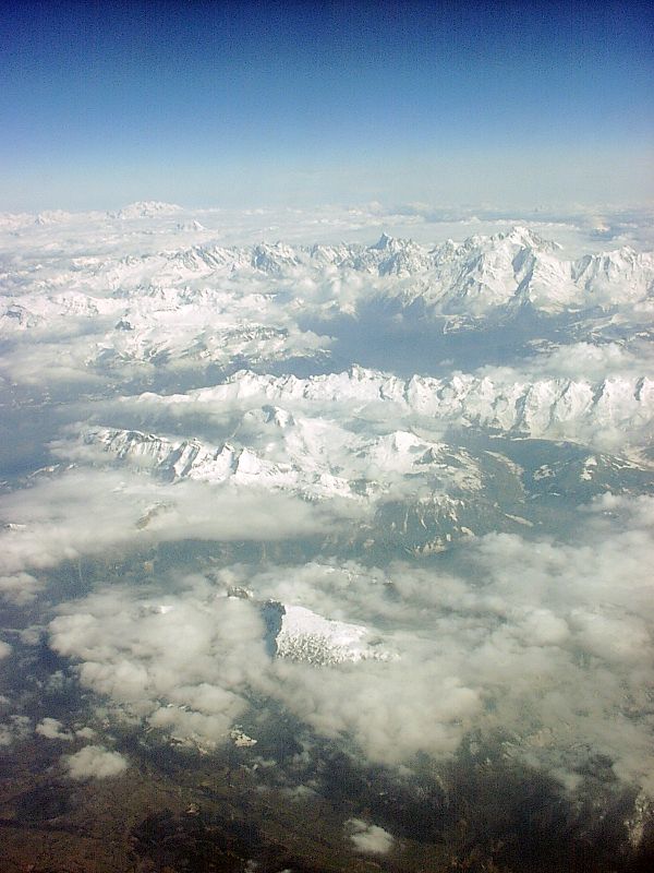 Aerial photograph of Mont Blanc, the highest mountain in the Alps and Western Europe, from the west