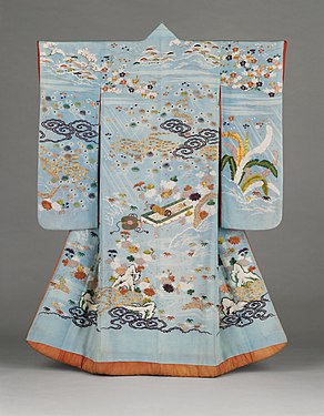 Furisode. Décor faisant allusion à la pièce de nô « Kikujidô », fin XVIIIe -début XIXe siècle, LACMA.