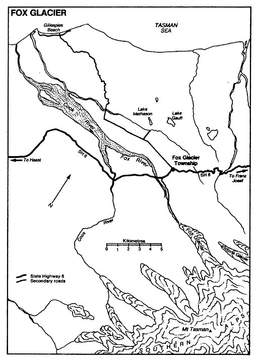 Line drawing map of the Fox Glacier area showing Gillespies Beach, the township, and the Southern Alps to Mt Tasman