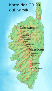 Übersichtskarte des hochalpinen Wanderwegs GR 20 auf Korsika - hiking trail to Vizzavona