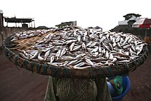 Goma's sambaza are small fish that are traditionally fried and consumed in the region Goma, Nord-Kivu, RD Congo - Une congolaise transporte des fretins - localement appeles "sambaza" (21953939023).jpg