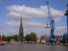 The church and spire seen from the docks Goole Docks and Church - geograph.org.uk - 356828.jpg