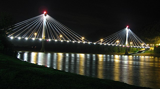 A nighttime view of the newly built U.S. Grant Bridge carrying U.S. 23 over the Ohio River into downtown Portsmouth from Kentucky