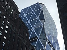 The facade of the Hearst Tower's upper stories, seen in August 2021 Hearst Tower August 2021.jpg