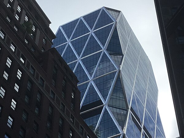 The facade of the Hearst Tower's upper stories, seen in August 2021