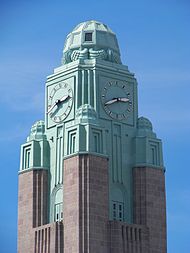 A clock tower in the Helsinki Central Station Helsinki Bahnhof Uhrturm.JPG