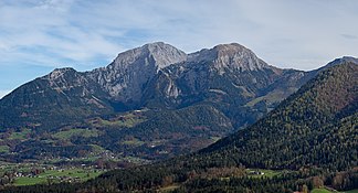 Blick von Westen auf den Göll mit Kehlstein, Hohem Göll, Hohem Brett und Jenner (von links nach rechts)