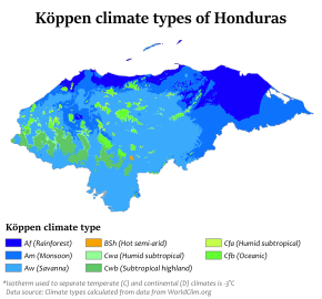 Koppen climate types of Honduras Honduras Koppen.svg