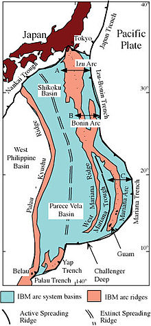 map showing Izu–Bonin–Mariana Arc ridges running parallel south from Japan, with an extinct spreading ridge parallel between them and the Godzilla Megamullion towards the southern end of that ridge