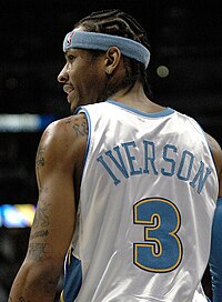 Allen Iverson with his name displayed on his Denver Nuggets jersey in 2007 Iverson from behind.jpg