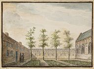 The courtyard of the Cellenbroedersklooster in Amsterdam in 1544 label QS:Len,"The courtyard of the Cellenbroedersklooster in Amsterdam in 1544" label QS:Lpl,"Dziedziniec Cellenbroedersklooster w Amsterdamie w 1544 r." label QS:Lnl,"Het kloosterhof van het Cellenbroedersklooster in Amsterdam in 1544" 1770-1774. Pencil and brush in color. 13.6 × 19 cm (5.3 × 7.4 in). Amsterdam, Stadsarchief Amsterdam.