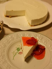 Japanese no-bake cheesecake with strawberry sauce