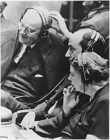 John Foster Dulles, Adlai Stevenson II and Eleanor Roosevelt listening to interpreters at the UN in New York, 1946 John Foster Dulles, Adlai Stevenson, and Eleanor Roosevelt at UN.PNG
