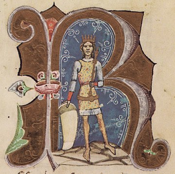 Chronicon Pictum, Hungarian, Hungary, King Géza II, crown, hauberk, scepter, shield, royal regalia, medieval, chronicle, book, illumination, illustration, history