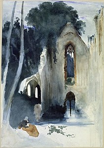 Resting pilgrims in a Gothic church ruin (Karl Blechen)