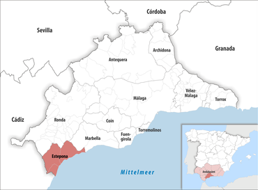 Die Lage des Gerichtsbezirk Estepona in der Provinz Málaga