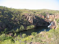 Waterfall at Leliyn (Edith Falls) seen from the path that follows the pools