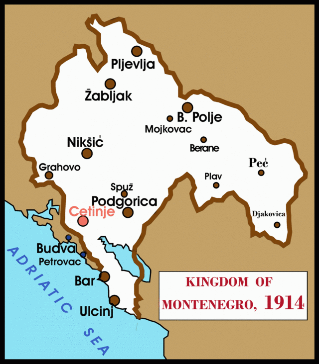 1914년 몬테네그로 왕국의 일부 도시가 지도에서 확대됨.